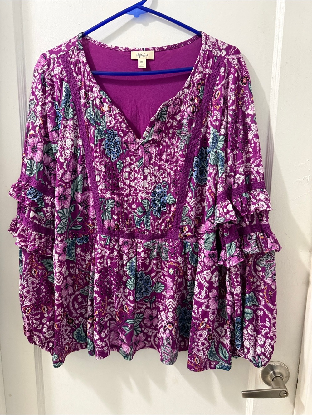 Style & Co. Purple Floral Ruffle-Sleeve V-Neck Peplum Blouse